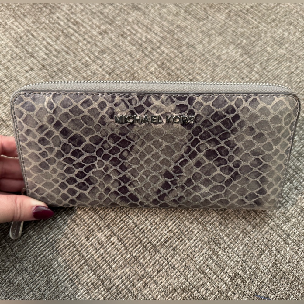 Michael Kors Gray Snake Print Zip Wallet